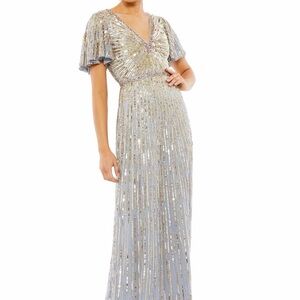 Mac Duggal Silver Sequin V-Neck Maxi Gown